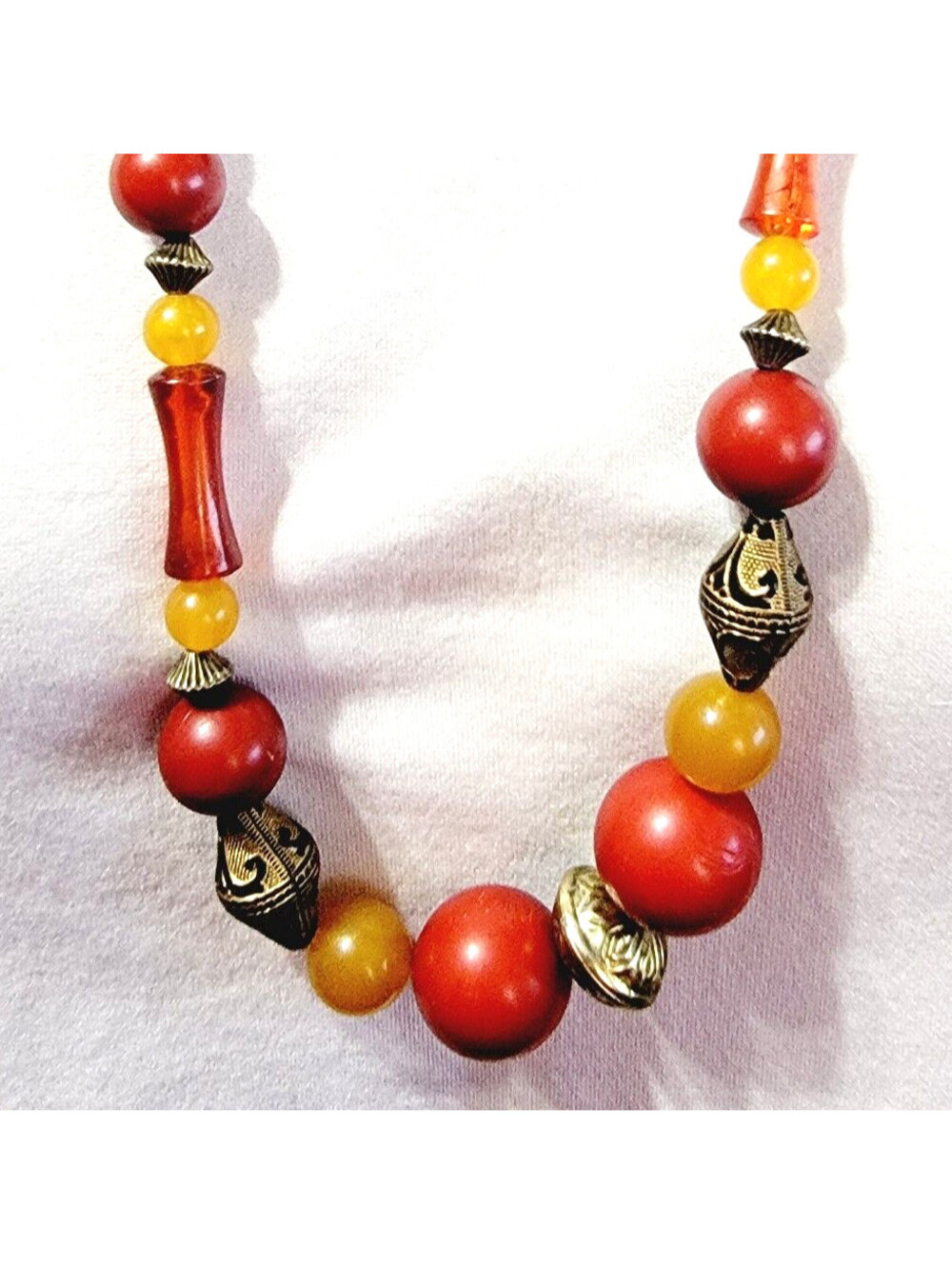 Vintage Beaded Necklace, 30", Yellow Rust Black, Lucite Enamel Ornate rd01-25